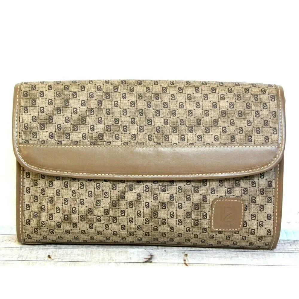 VINTAGE LUIS BEIGE BROWN LOGO PVC GENUINE LEATHER CLUTCH PURSE WALLET ENVELOPE